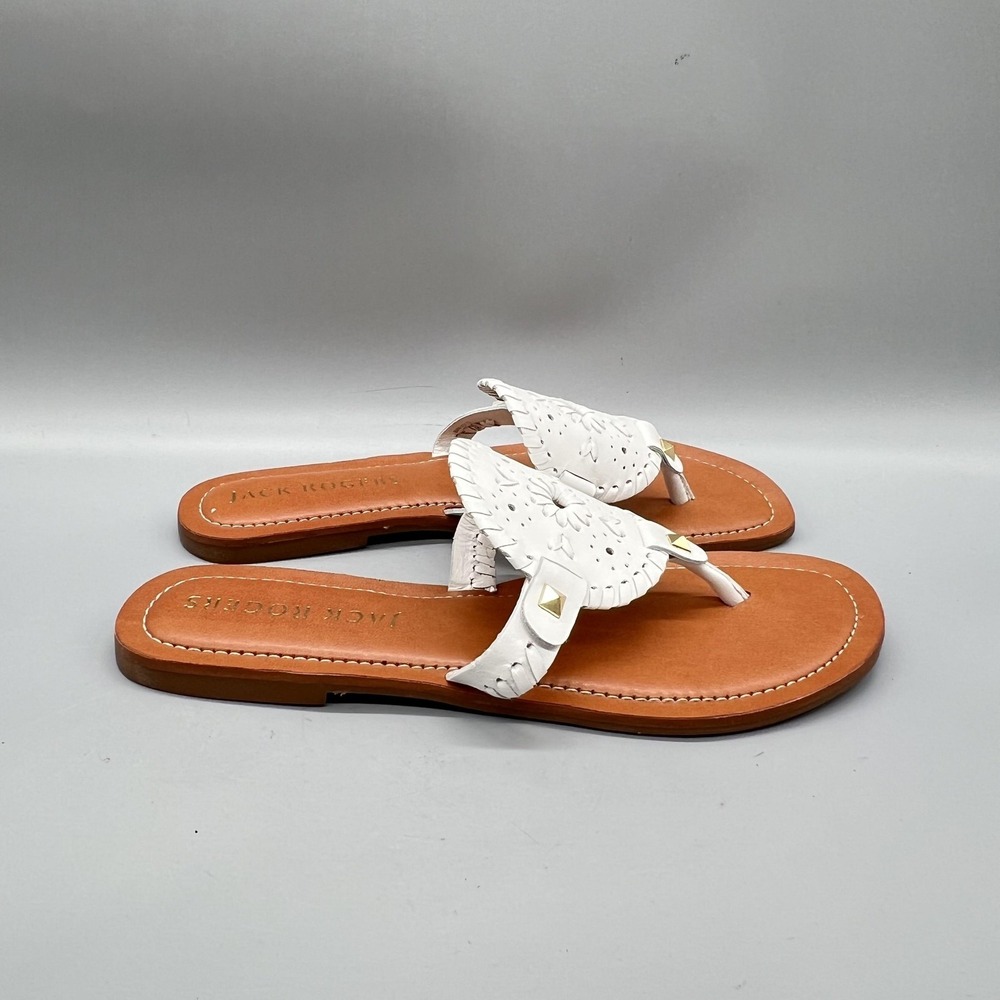 Jack Rogers Sandals Womens 8 White Leather Thong Medallion Studded Flat Shoes